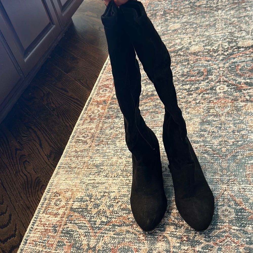 Black faux suede knee high boots